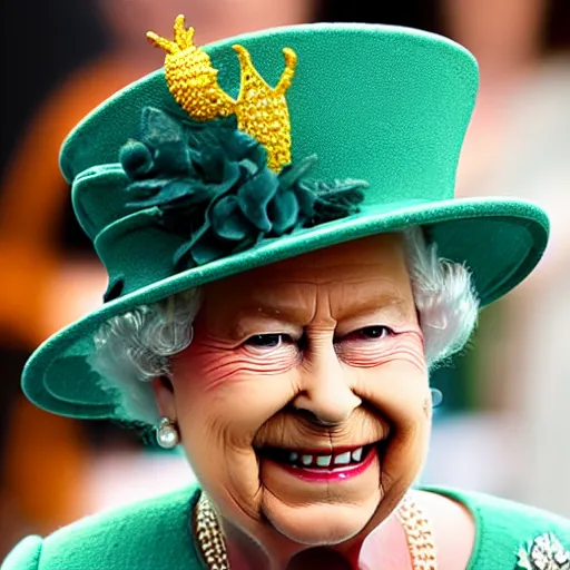 Image similar to the queen of england with a pineapple as a crown with jewels