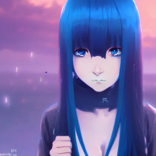 Image similar to rimuru, long blue hair, anime girl, bangs, gothic, anime character, noir, screenshot, sharp focus, intricate, illustration, cell shaded, digital painting, highly detailed, matte, art by ilya kuvshinov, unreal engine 5, wlop, greg rutkowski, studio quality, james jean, akihiko yoshida