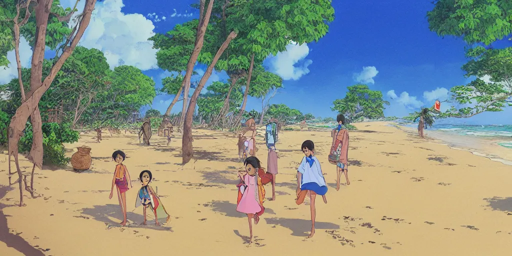 Image similar to sri lankan beach, drawn by hayao miyazaki