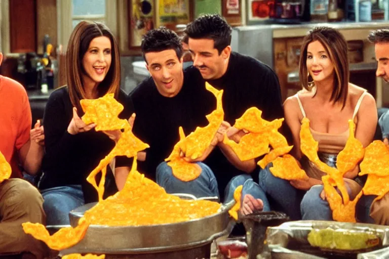 Image similar to the episode of Friends where everyone gets covered in nacho cheese