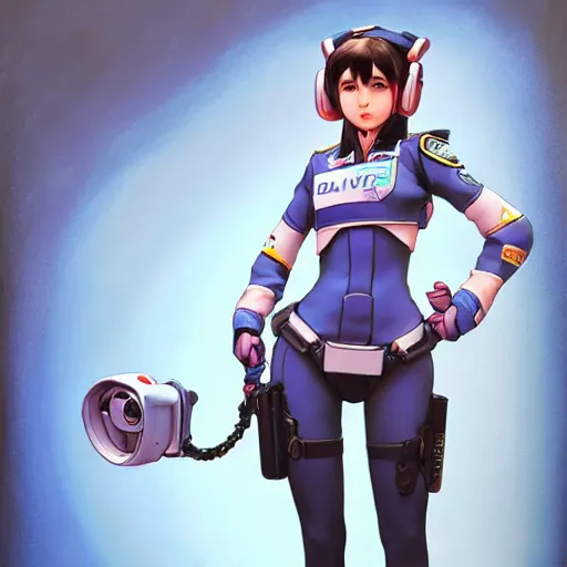 Image similar to D.VA from Overwatch wearing a police uniform by Kim Jung Gi, holding handcuffs in one hand Blizzard Concept Art Studio Ghibli. oil paint. 4k. by brom.