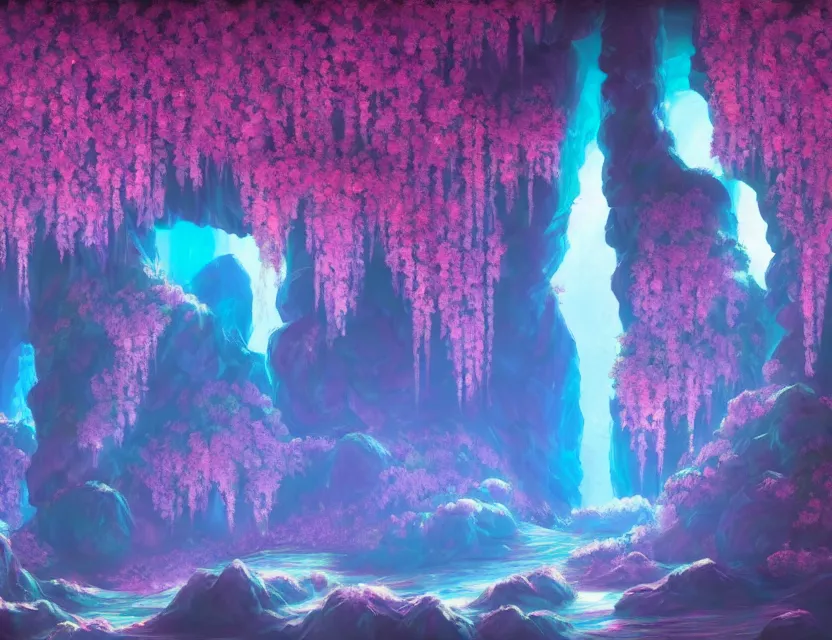 Prompt: vaporwave nightclub in a cherry blossom dripstone cave. oil painting by award - winning concept artist. backlighting, chiaroscuro, field of depth.