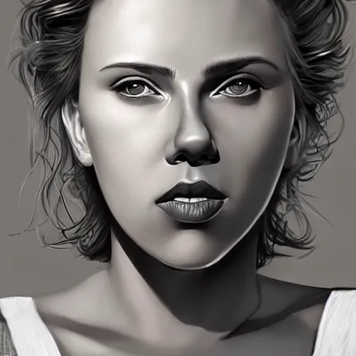 Image similar to funny caricature painting of scarlett johansson, closeup of face, exaggerated features, highly detailed, drawing by mahesh nambiar, sebastian kruger, archille superbi, carola rubio, artstation