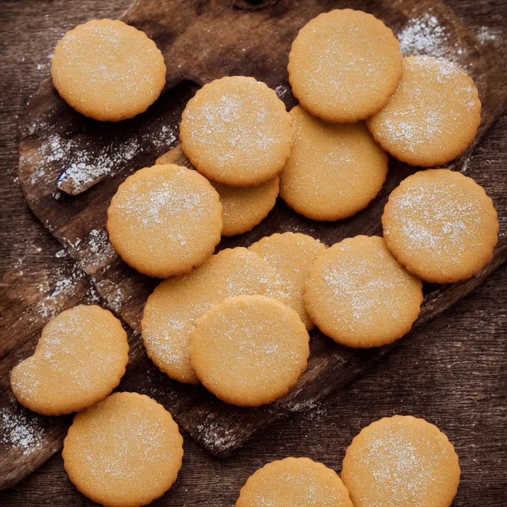 Prompt: close - up view of danish butter cookies on top of a wooden table, 8 k, high detail, photorealistic, proper shading