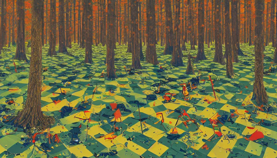 Image similar to safety cones scattered around an oak tree forest checker board forest floor, by james jean by ilya kuvshinov kintsugi, hyper detailed surrealist painting