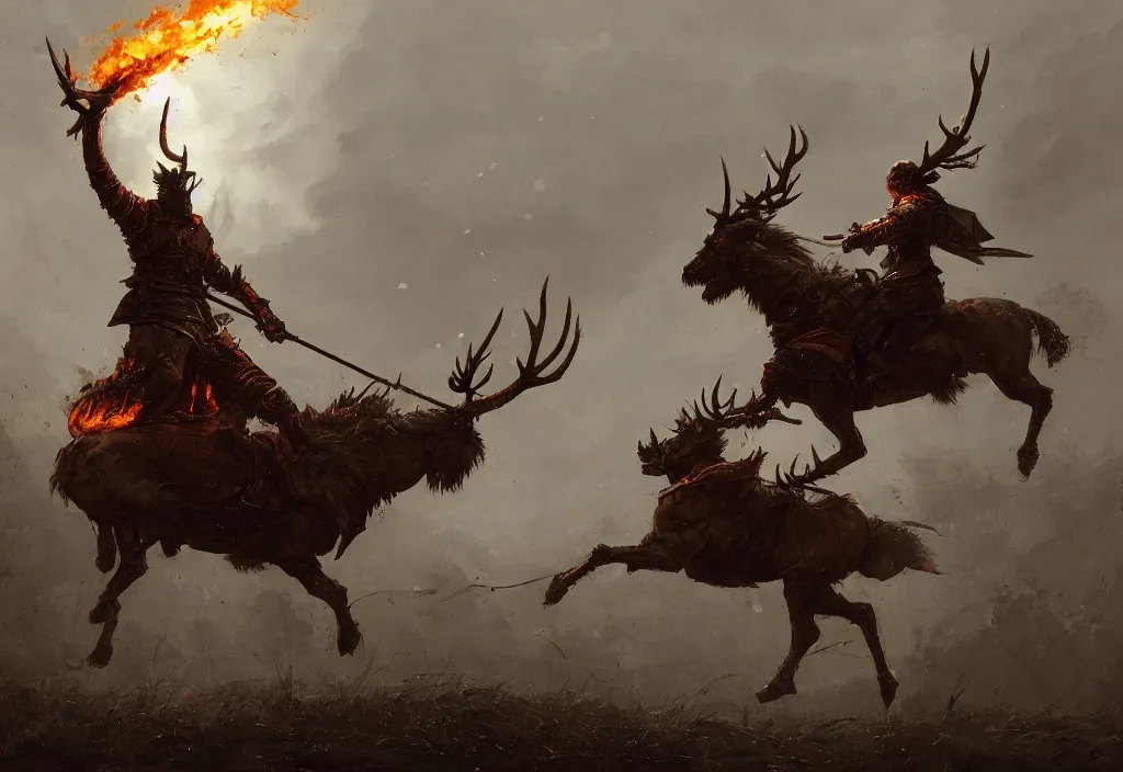 Image similar to a knight riding a burning stag, artstation, jakub rozalski, high detail, dramatic lighting