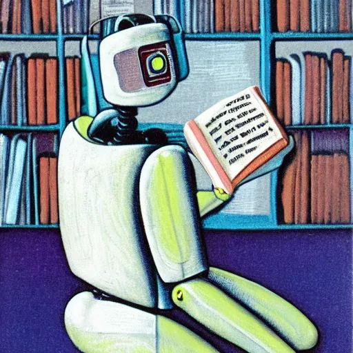 Image similar to a robot reading a book by francis bacon