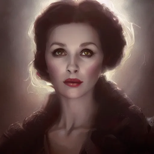 Prompt: closeup portrait of a young and beautiful vivian leigh, dramatic light, gorgeous view, depth, high detail, digital art, painted by greg rutkowski and seb mckinnon, by tim burton, trending on artstation