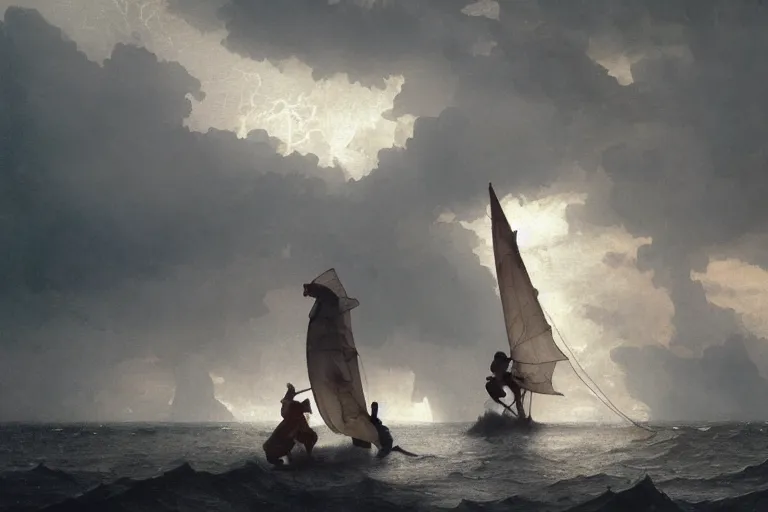 Image similar to ancient historically accurate depiction of Bible Character walking on water during a storm, a small fishing sailboat with scared sailors on board, dramatic lighting by frank miller, illustration by Ruan Jia and Mandy Jurgens and William-Adolphe Bouguereau, Artgerm, 4k, digital art, surreal, space dandy style, highly detailed, godsend, artstation, digital painting, concept art, smooth, sharp focus, illustration by Ruan Jia and Mandy Jurgens and William-Adolphe Bouguereau, Artgerm