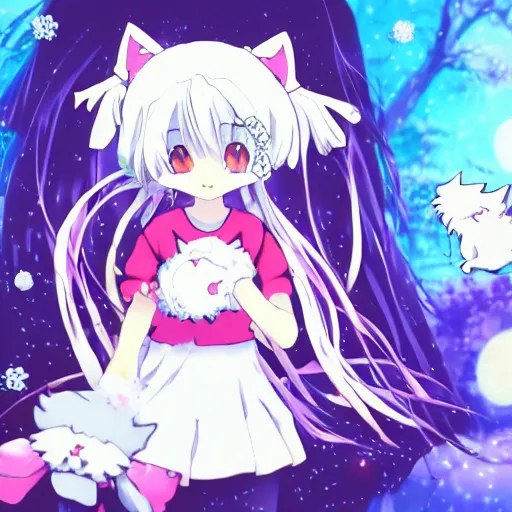 Image similar to anime key visual of a moe character girl, is petting a white ragdoll cat. from sanrio gensokyo as a moe anime girl, 4 k, hd, pixiv, wallpaper, official media | sanrio glitchcore yokai girl, shadowverse character concept, found footage horror, glitter gif