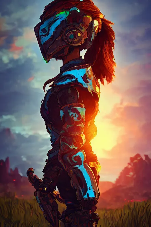 Image similar to combination suit armor aloy horizon forbidden west horizon zero dawn radiating a glowing aura global illumination ray tracing hdr fanart arstation by ian pesty and alena aenami artworks in 4 k tribal robot ninja mask helmet backpack