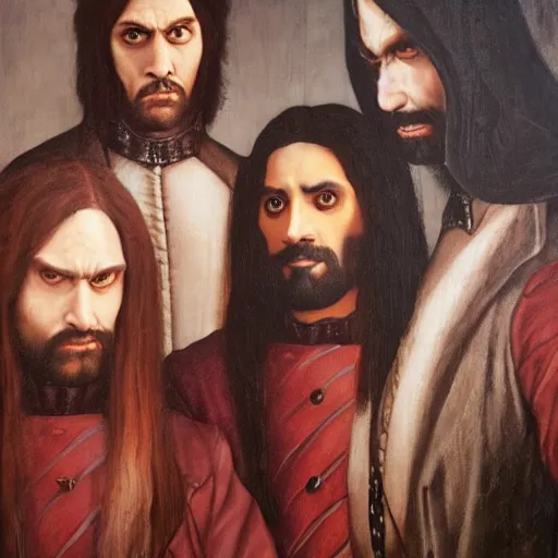 Image similar to the vampires from the show What we do in the shadows oil painting by Leonard Da Vinci ,, ultrarealistic