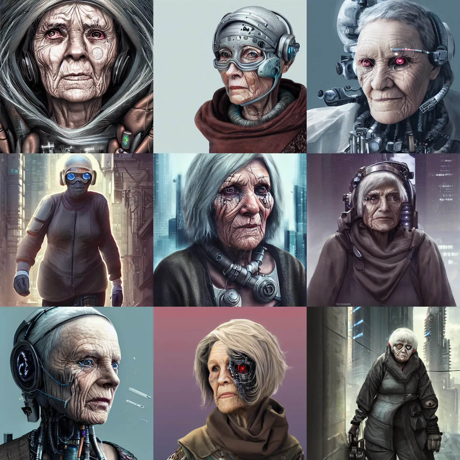 Prompt: Ultra realistic illustration of an old woman cyborg, cyberpunk, sci-fi fantasy, dystopian