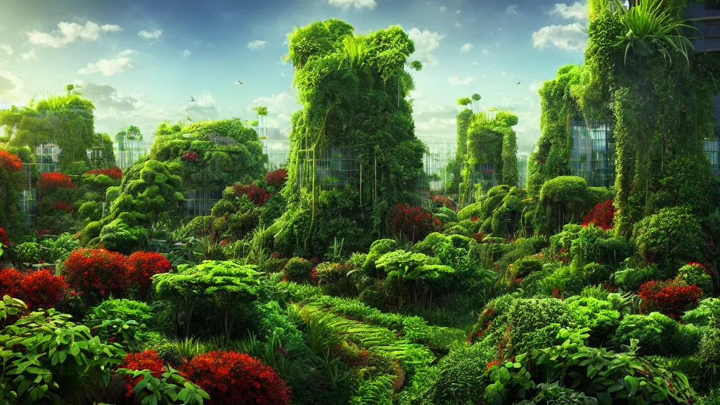 Image similar to babylon sky garden, rising series layered garden, shrubs and vines, dramatic lighting, epic composition, wide angle, wild breathing, jonas drow and beeple and studio ghibli style, in artstation hdr, wild breathing, c 4 d rendering