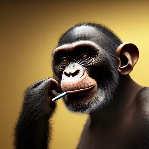 Image similar to a high detail shot of a chimp wearing a suit, smoking, render, cgsociety, photorealism