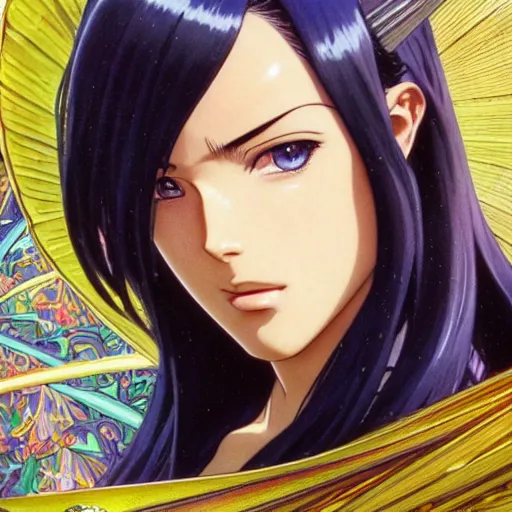 Image similar to highly detailed vfx portrait of nico robin by eiichiro oda, makoto shinkai, alphonse mucha, sharp focus, art by artgerm and greg rutkowski!, backlit, harsh overhead sunlight, blue eyes!!, aquiline nose!!, stanley kybric, kaoru mori, detailed,