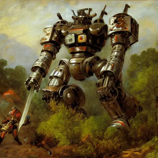 Image similar to A giant mech suit of armor swings its sword, by Emanuel Leutze