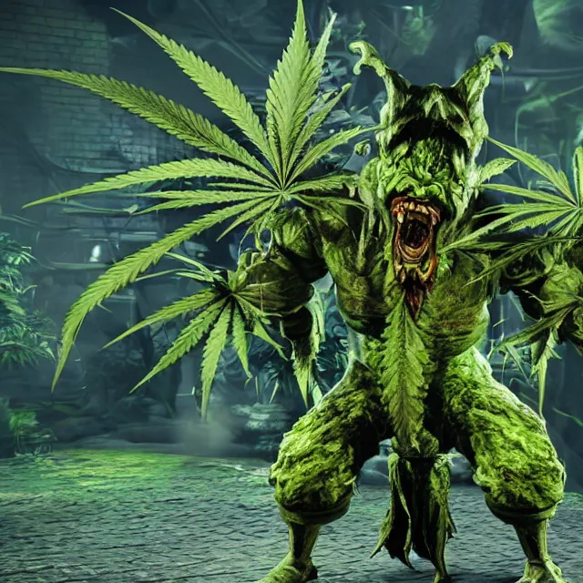 Image similar to cannabis plant monster in mortal kombat, fighter, 3 d videogame render, 4 k