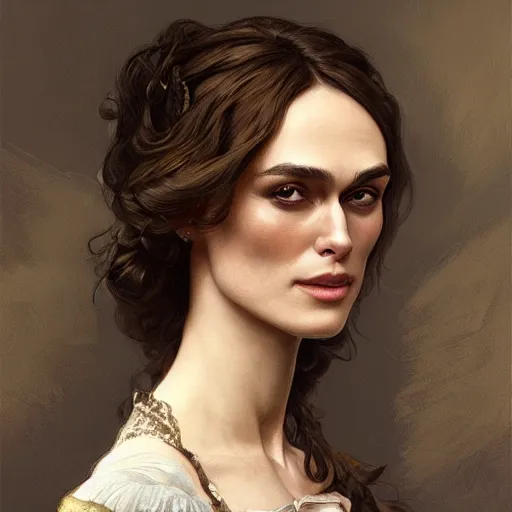 Prompt: Portrait of Keira Knightley in victorian london, elegant, digital painting, highly detailed, fantasy, artstation, concept art, smooth, sharp focus, illustration, art by artgerm and greg rutkowski and alphonse mucha