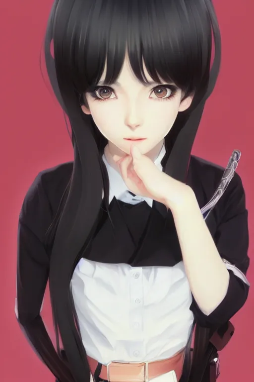 Image similar to Gorgeous realistic japanese schoolgirl with black hair, in black uniform, very detailed eyes. By ilya kuvshinov, krenz cushart, Greg Rutkowski, trending on artstation