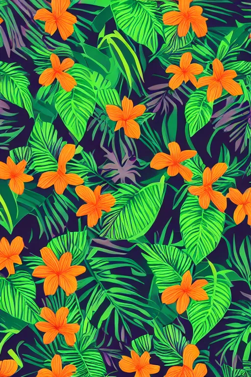 Prompt: moody vector illustration of tropical flowers and green leaves, multiple cohesive colors ranging from warms purples to bright oranges on a ((very dark background)), 4K resolution, HD wallpaper