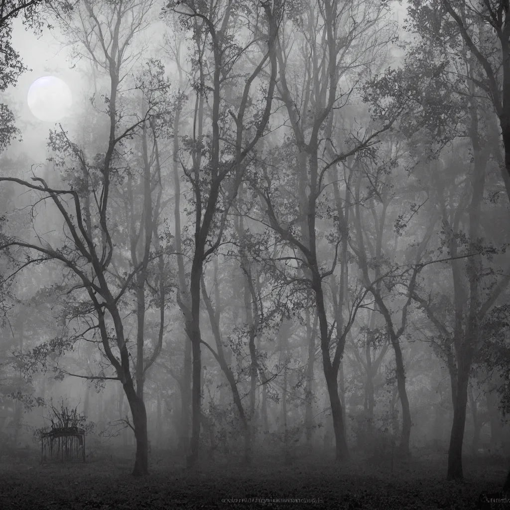 Prompt: a haunted forest, tombstone, fog, moonlight, web