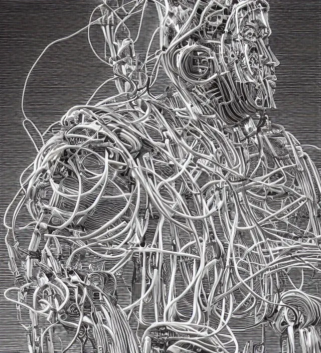 Image similar to a robotic god made of wires, electricity, and cables in the style of jean giraud in the style of moebius trending on artstation deviantart pinterest detailed realistic hd 8 k high resolution