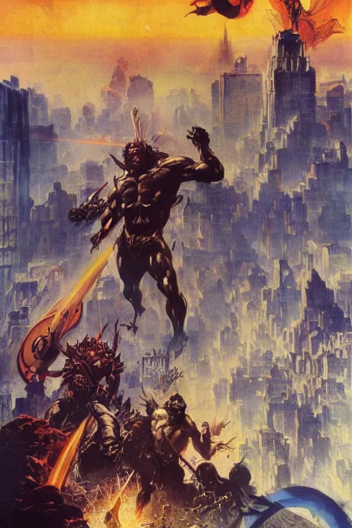 Image similar to Movie poster of Ophanim attacking new york, by frank frazetta, ilya repin, 8k, hd, high resolution print