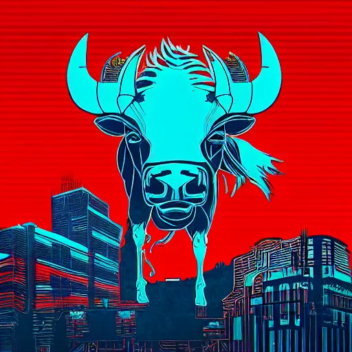 Image similar to a beautiful album cover of a cyberpunk bison by Shepard Fairey, red white and cyan color scheme