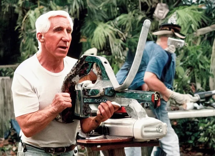 Image similar to film still of Leslie Neilsen with a chainsaw in the new Weekend at Bernies movie, 8k