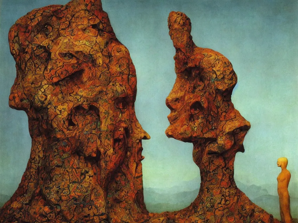 Image similar to Albino mystic with blue eyes, looking in the distance at giant Oceanian totemic archaic sculpture mound mask made from Malachite in the strange ravine. Painting by Jan van Eyck, Beksinski, Rene Magritte, Agnes Pelton, Max Ernst, Walton Ford