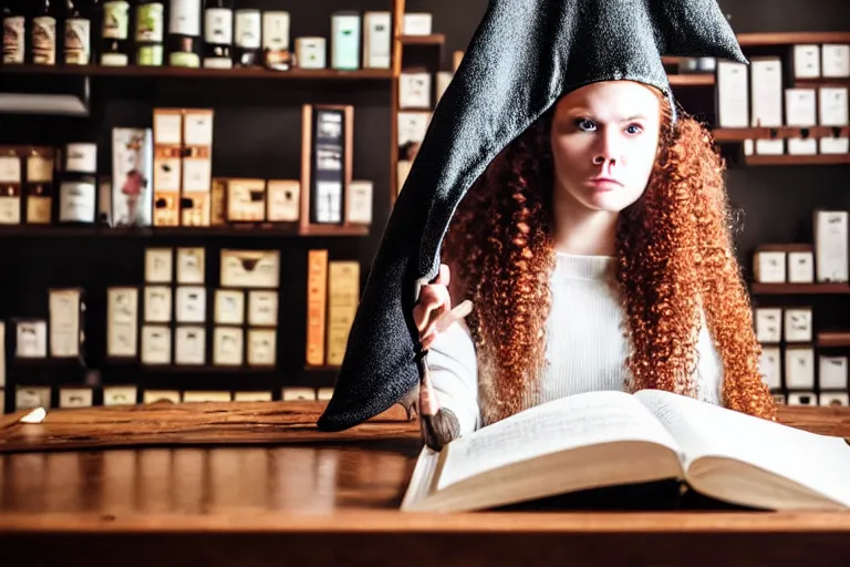 Prompt: extreme close up portrait, dramatic lighting, teen witch calmly pointing a magic wand casting a spell over a large open book on a table with, curly hair, cat on the table in front of her, sage smoke, a witch hat cloak, apothecary shelves in the background 2 0 0 0's photo, ultra sharp, 8 k