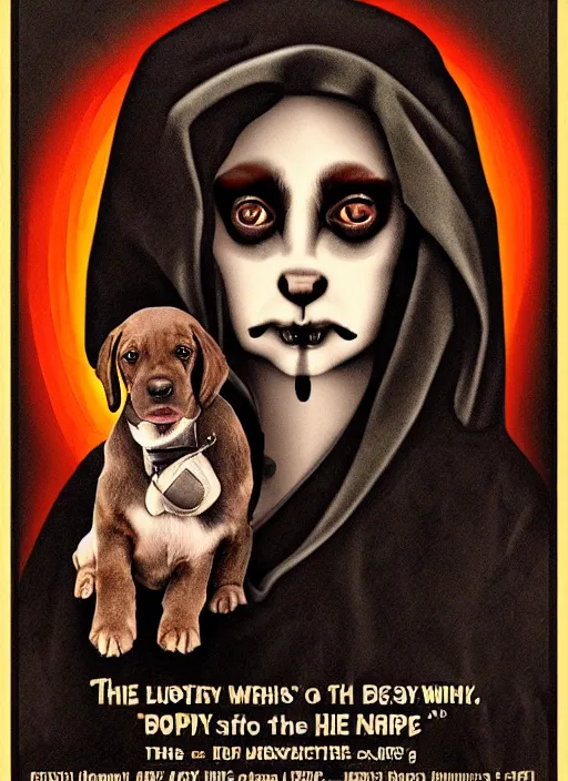 Prompt: the puppy, a character portrait by master of the legend of saint lucy, movie poster, pixabay contest winner, gothic art, grotesque, demonic photograph, macabre