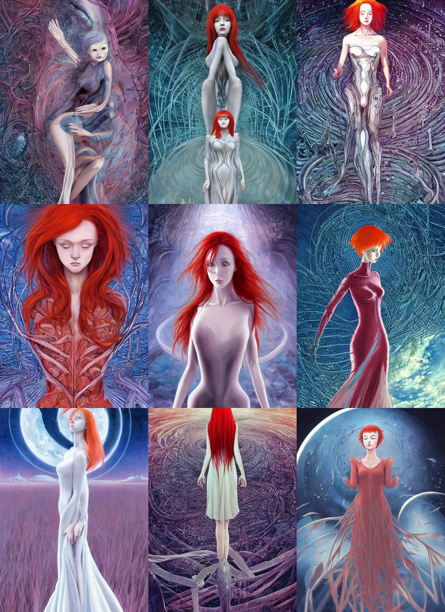 Image similar to a redhead woman in futuristic dress falls into a dream within a dream within a dream within a dream within a dream, h. r. giger, junji ito, alex grey, salvador dali, fractal, surreal art, semi realistic anime, studio ghibli, makoto shinkai, award winning illustration, masterpiece, trending on pixiv, 8 k