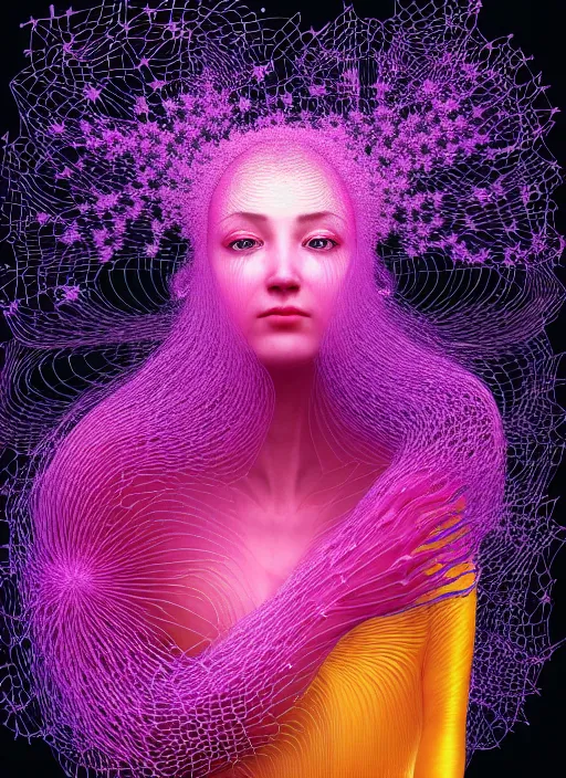 Image similar to hyper detailed 3d render like a painting - Aurora (Singer) seen Eating of the Strangling network of yellowcake aerochrome and milky Fruit and Her delicate Hands hold of gossamer polyp blossoms bring iridescent fungal flowers whose spores black the foolish stars by Jacek Yerka, Mariusz Lewandowski, Houdini algorithmic generative render, Abstract brush strokes, Masterpiece, Edward Hopper and James Gilleard, Zdzislaw Beksinski, Mark Ryden, Wolfgang Lettl, hints of Yayoi Kasuma, octane render, 8k