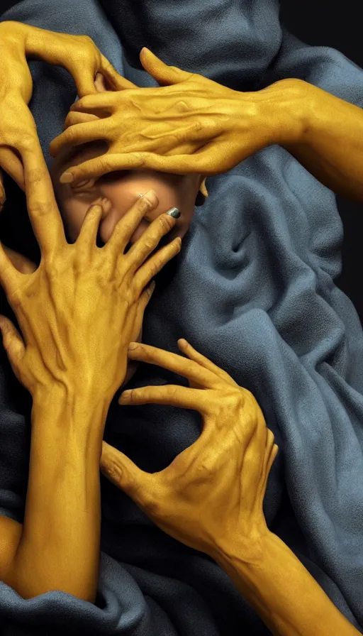 Image similar to epic masterpiece torment, drama, sweaty skin, hyperrealistic, octane render, cinematic, beautiful face and flawless skin, perfect hands, 5 fingers, yellow by Lorenzo Sperlonga, Legends of Runeterra