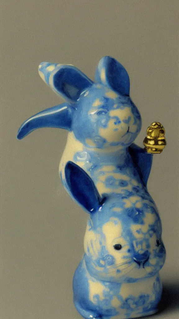 Prompt: a porcelain blue rabbit with a golden details have a japanese pipe painted by john singer sargent
