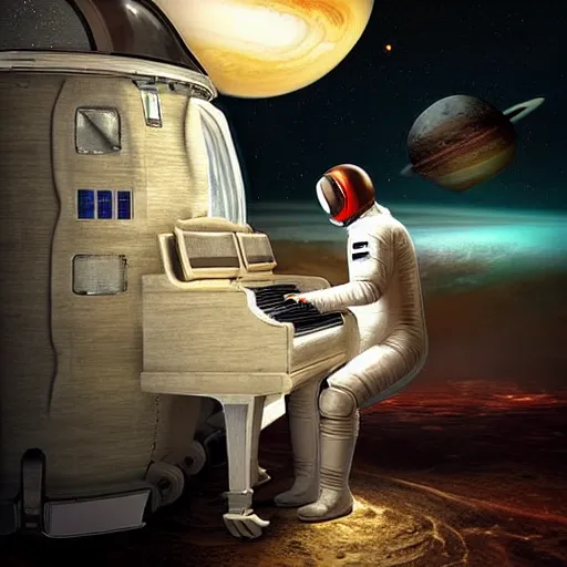 Prompt: an astronaut playing piano on jupiter. cyberpunk digital art, very beautiful, high quality, high resolution