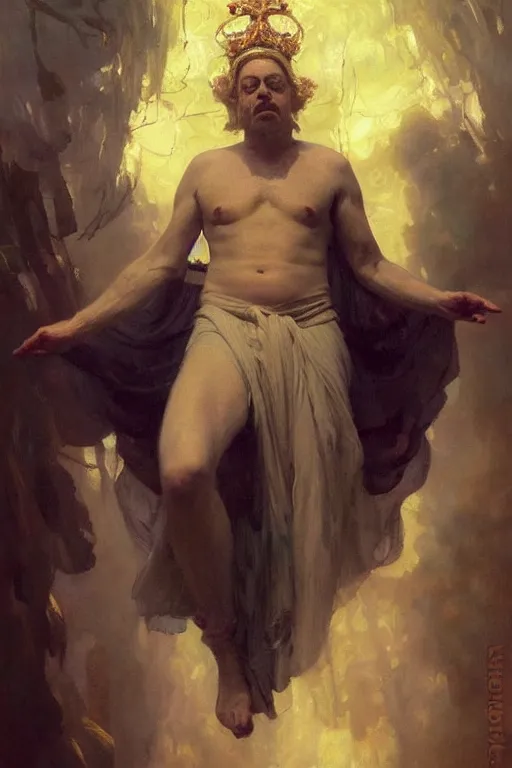 Image similar to beautiful impressionistic oil painting portrait of ancient roman god emperor steve buscemi ascending wearing the civic crown levitating in religious pose, art by anders zorn, wonderful masterpiece by greg rutkowski, expressive brush strokes, beautiful cinematic light, american romanticism by greg manchess, jessica rossier