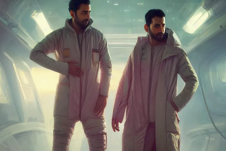 Image similar to Sensual good looking pale young Indian doctors wearing Blade Runner 2049 clothing in a space station above Earth, portrait, elegant, intricate, digital painting, artstation, concept art, smooth, sharp focus, illustration, art by artgerm and greg rutkowski and alphonse mucha