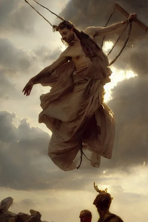 Image similar to beautiful oil painting portrait of ancient roman god emperor steve buscemi hovering in the air wearing the civic crown levitating and ascending in stations of the cross pose, art by anders zorn, wonderful masterpiece by greg rutkowski, expressive brush strokes, beautiful cinematic light, american romanticism by greg manchess, jessica rossier