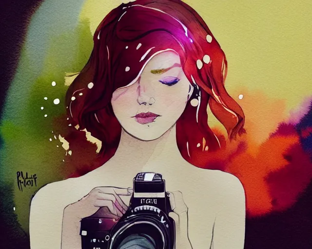 Image similar to pale young woman with bright blonde hair, freckles, bright eyes and a wide face, flowery dress, she is holding a professional dslr camera close to her face with one hand, dramatic lighting, bright flare, expressive, minimal watercolor art by conrad roset