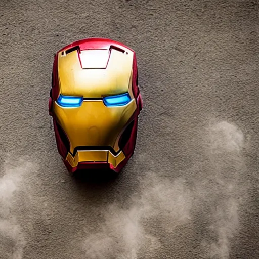 Prompt: Iron Man helmet standing on the debris of an apartment, dusty, broken, post-apocalyptic, mist