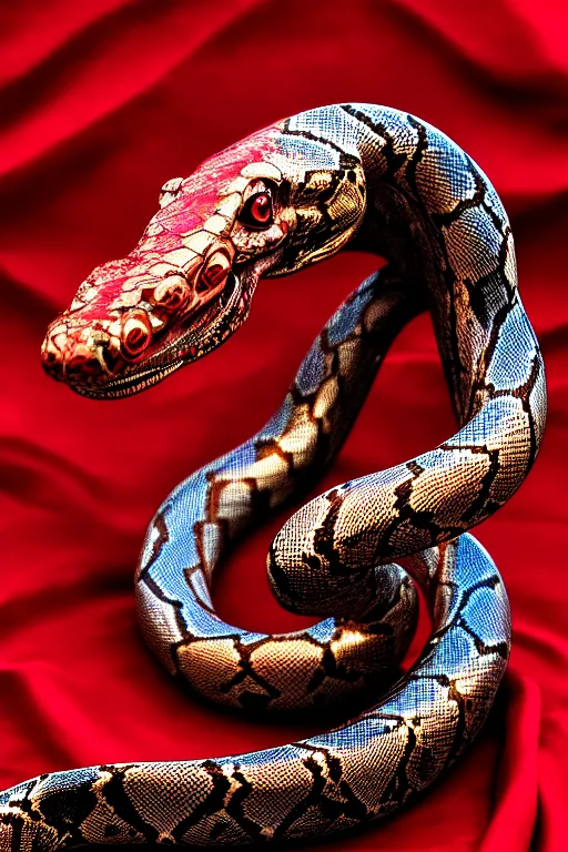 Image similar to chrome ornated african snake statue layed on a red silk fabric, by hedi xandt and antonio corradini, macabre art, dark surrealism, epic and cinematic view, volummetric light, texturized, detailed, 8 k