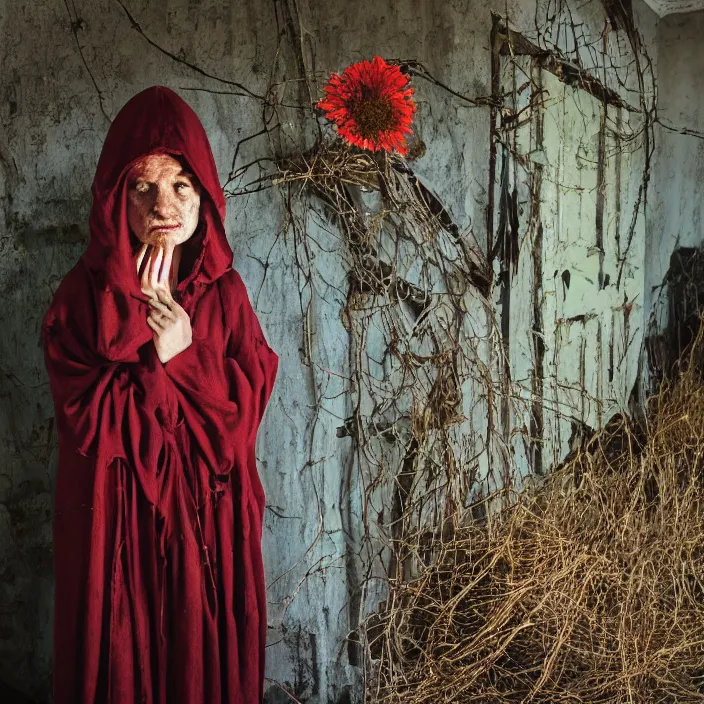 Image similar to a woman wearing a hooded cloak made of zinnias and barbed wire, in a derelict house, by Corbin Gurkin, natural light, detailed face, CANON Eos C300, ƒ1.8, 35mm, 8K, medium-format print