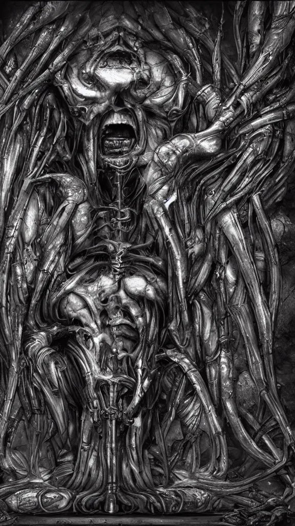 Image similar to god is dead, and ai killed him, in the style of hr giger, hyperrealistic, photorealistic, scifi illustration, 4 k, ultra hd, rendered in unreal engine 5, dark, gritty, evil, award winning, mystical, dungeons and dragons, mechanical