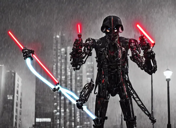 Image similar to 3 5 mm portrait photo of general grievous with heavy duty biomechanical cybernetic body with 4 arms holding 4 activated red lightsabers in the city in the rain. cyberpunk horror style.