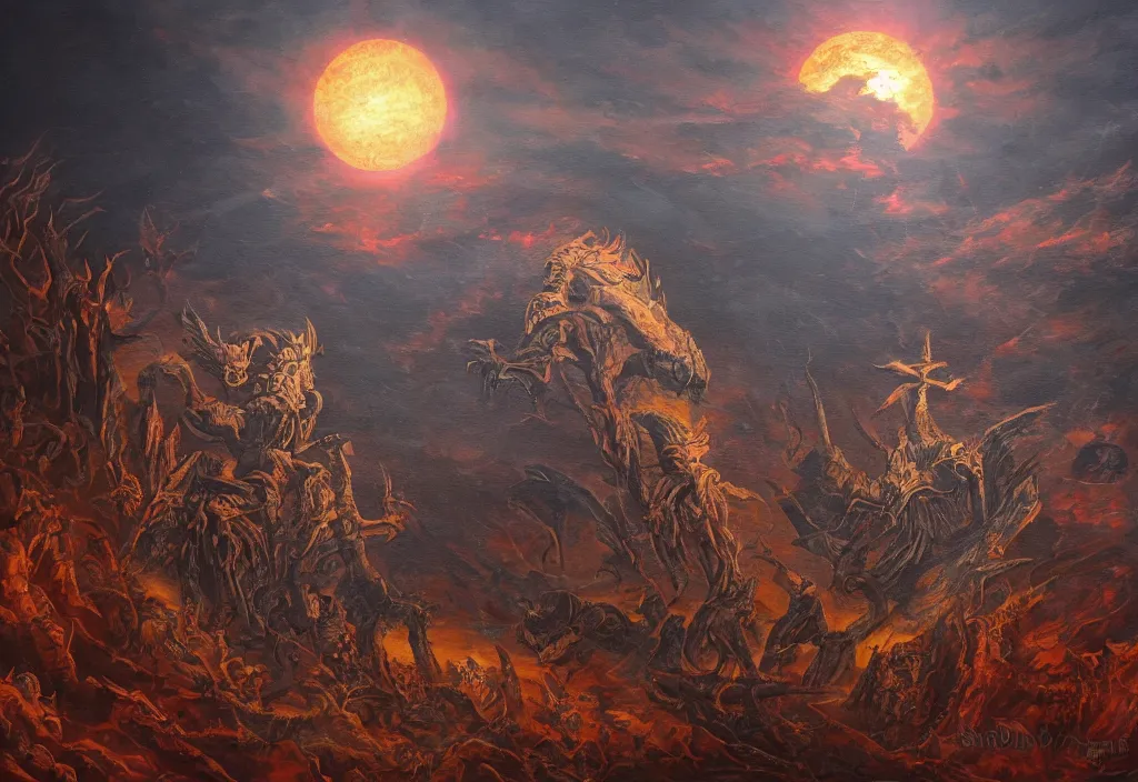 Image similar to shadow of the tyrant Sun above the ruins of the old kingdom red sun dead sky necromantic solar mythos, award winning oil painting, solar mythos palette