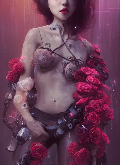 Image similar to portrait of a seductive female with roses, cyberpunk cyborg. roses, muted colors, sci - fi, intricate abstract upper body intricate artwork, by tooth wu, wlop, beeple, dan mumford. concept art, octane render, deviantart, greg rutkowski, cinematic arthouse, key art, hyper realism, iridescent accents