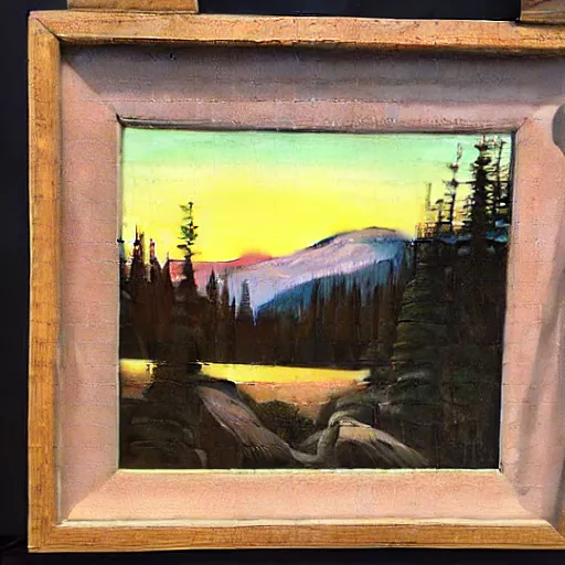 Prompt: beautiful vintage painting, whistler mountain sunset, boho, midcentury, modern, muted pastel colors, top lit, detailed, beautiful solid colors, edge to edge, full frame, intricate, elegant, highly detailed, smooth, sharp focus, high contrast, dramatic lighting, art by caravaggio